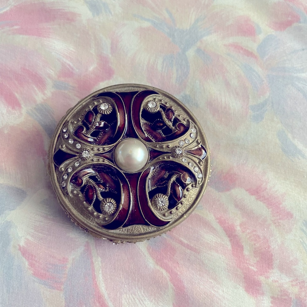 Bombay Company Trinket Box, Burgundy Enamel, Gold Tone, Rhinestone Accents